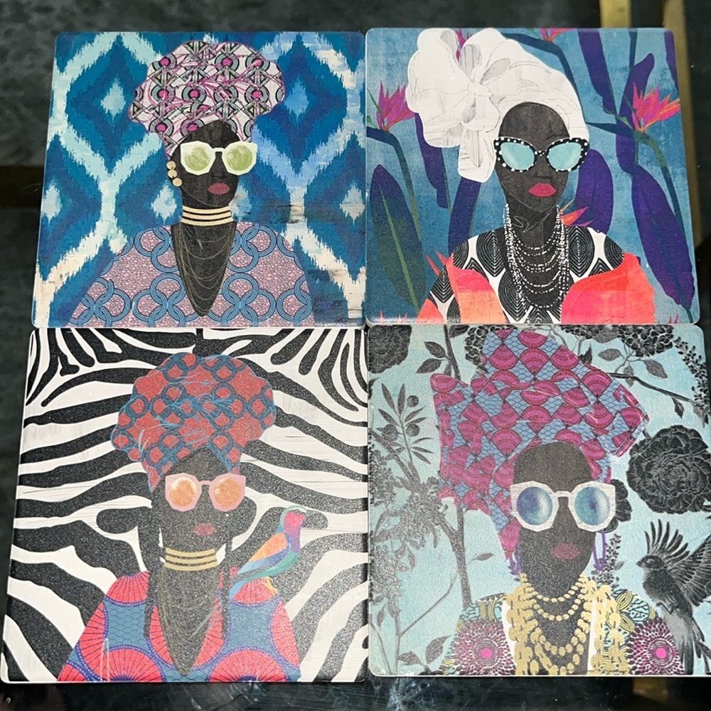 NWOT Set of 4 Modern Turban Woman Nikki Chu Tile Coasters